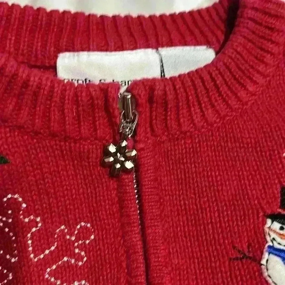 Red Snowman Snowflake Applique Embroidered Womens Zip up Knit Cardigan Small - Picture 4 of 7